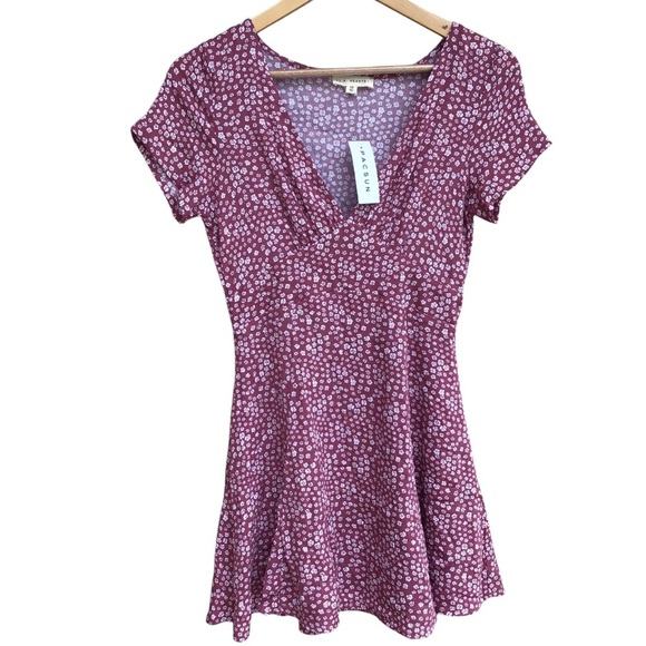 PACSUN LA HEARTS MAUVE FLORAL V NECK SHORT SLEEVE MINI DRESS NEW - Picture 1 of 5